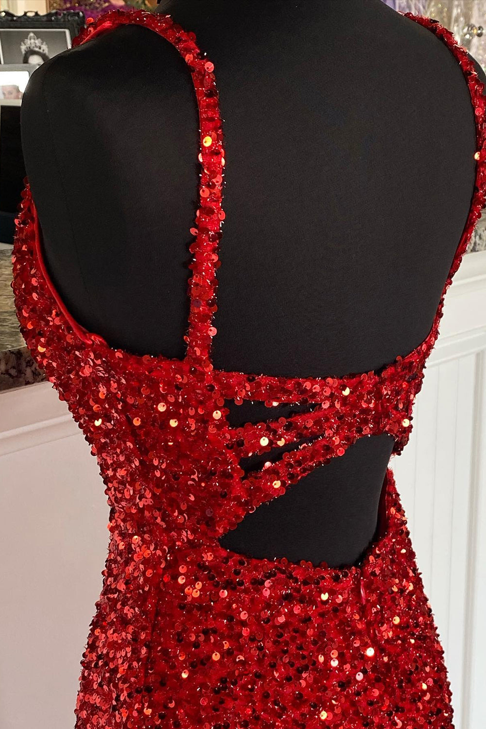 Bridesmaids Dress With Lace, Sheath Spaghetti Straps Red Sequins Prom Dress with Split Front
