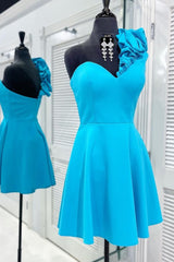 Homecoming Dresses Styles, A Line One Shoulder Blue Short Homecoming Dress