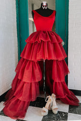 Homecoming Dresses Floral, Red High Low Tiered Homecoming Dress