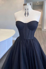 Bridesmaid Dress Long Sleeve, Black Corset Sweetheart Long Prom Dress with Ruffles