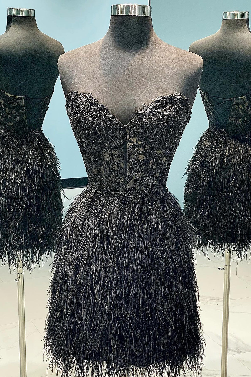 Homecoming Dresses Elegant, Black Lace Tight Short Homecoming Dress with Feathers