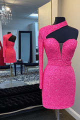 Homecoming Dresses 2031, Hot Pink One Shoulder One Sleeves Tight Sequins Short Homecoming Dress