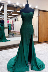 Bridesmaids Dresses For Beach Wedding, Mermaid Spaghettti Straps Dark Green Sequins Long Prom Dress with Split Front