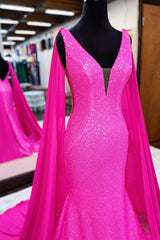 Bridesmaids Dresses Vintage, Hot Pink Mermaid Prom Dress With Wateau Train