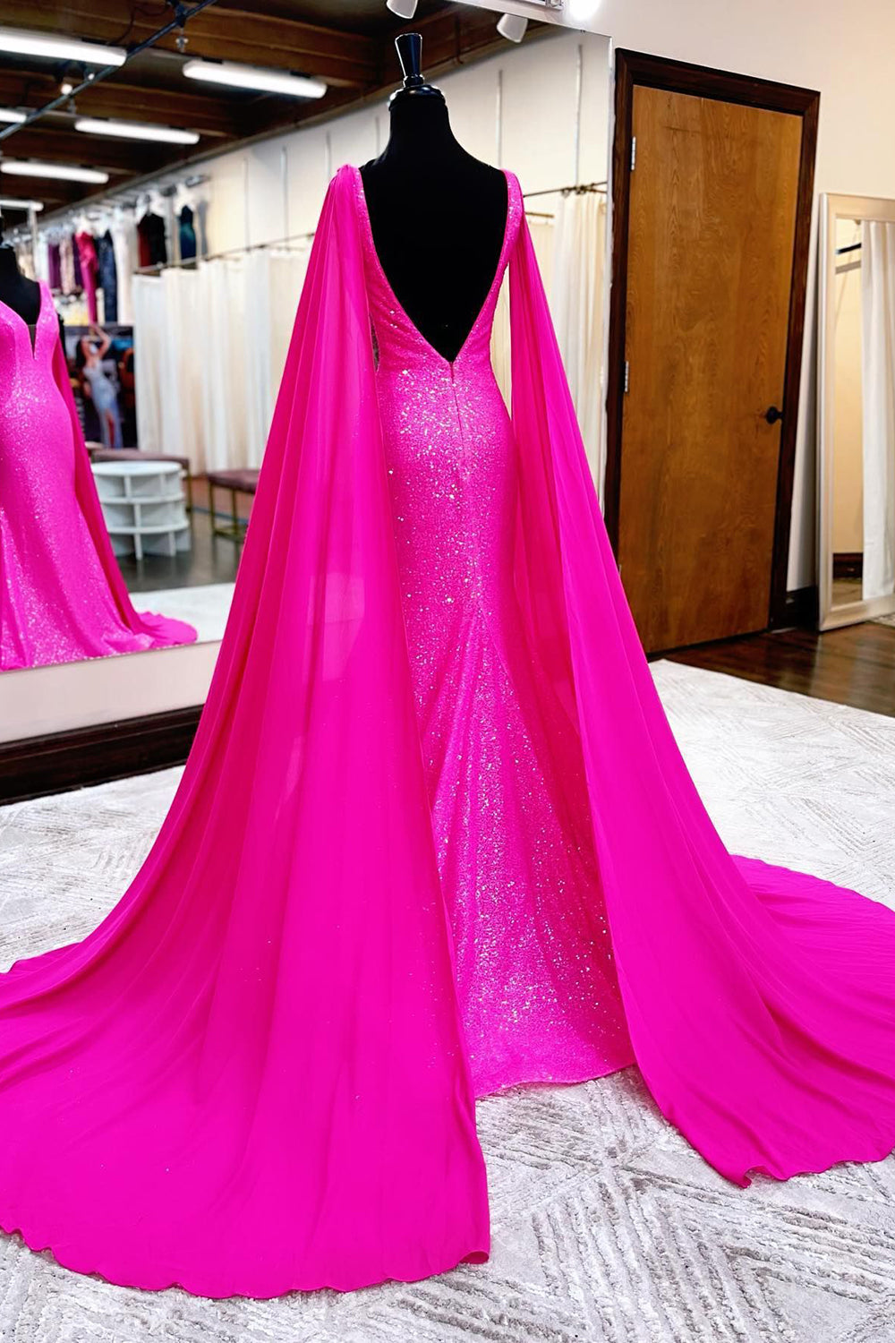 Bridesmaid Dress Winter, Hot Pink Mermaid Prom Dress With Wateau Train