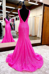 Bridesmaids Dresses Winter, Hot Pink Mermaid Prom Dress With Wateau Train