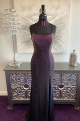 Party Dresses Styles, Dark Purple Lace-Up Back Mermaid Prom Dress with Beading