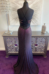 Party Dress Hair Style, Dark Purple Lace-Up Back Mermaid Prom Dress with Beading