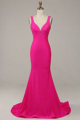Party Dresses Pink, Fuchsia Mermaid V-Neck Beaded Prom Dress