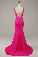 Party Dress Satin, Fuchsia Mermaid V-Neck Beaded Prom Dress