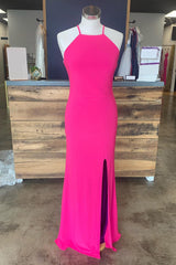 Party Dress Cocktail, Sheath Halter Hot Pink Long Prom Dress with Silt