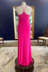 Party Dress Top, Sheath Halter Hot Pink Long Prom Dress with Silt