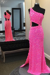 Bridesmaid Dresses For Girls, Hot Pink One Shoulder Sequins Prom Dress with Slit