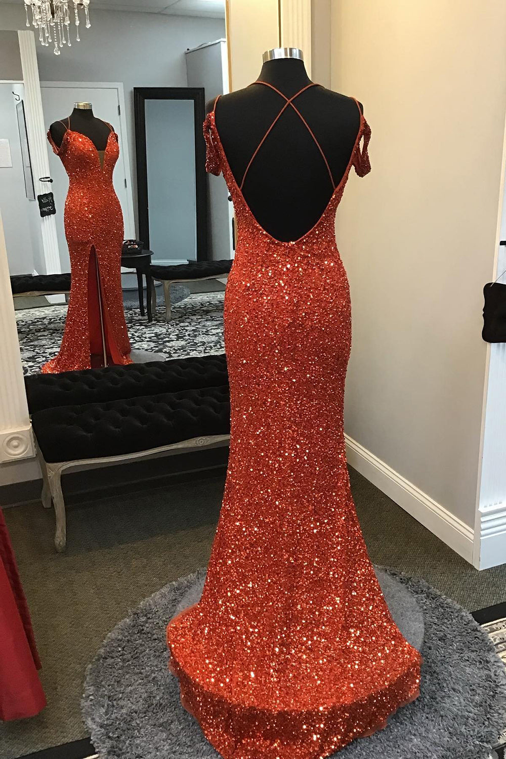 Party Dresses Shop, Orange Sparkly Spaghetti Straps Sequins Long Prom Dress with Slit