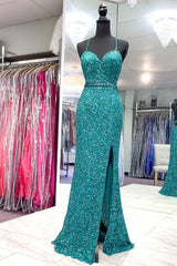 Silk Wedding Dress, Spaghetti Straps Green Backless Sequins Prom Dress with Slit