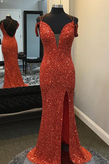 Party Dress Shops, Orange Sparkly Spaghetti Straps Sequins Long Prom Dress with Slit