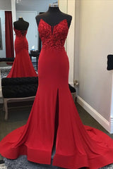 Party Dresses Australia, Beaded Red Mermaid Prom Dress with Appliques