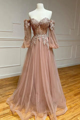 Bridesmaid Dresses Long Sleeve, Blush Corset Off the Shoulder Long Prom Dress with Appliques
