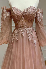 Bridesmaids Dresses Long Sleeves, Blush Corset Off the Shoulder Long Prom Dress with Appliques
