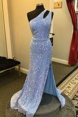 Party Dresses Stores, Light Blue One Shoulder Cut-Out Mermaid Long Prom Dress with Fringes