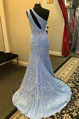 Party Dress Stores, Light Blue One Shoulder Cut-Out Mermaid Long Prom Dress with Fringes