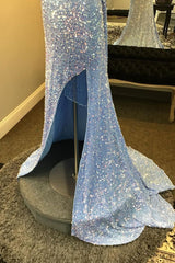 Party Dress Store, Light Blue One Shoulder Cut-Out Mermaid Long Prom Dress with Fringes