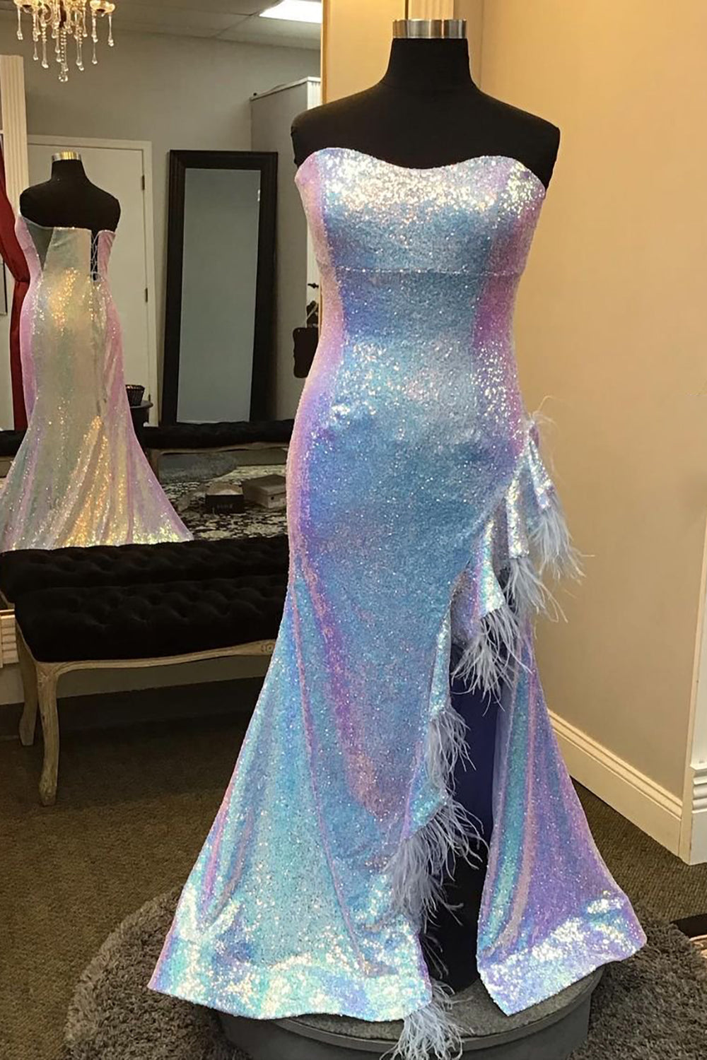 Party Dress Dress Up, Plus Size Light Blue Sweetheart Mermaid Sequins Long Prom Dress with Feathers