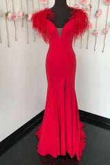 Evening Dress Style, Red Mermaid Long Prom Dress with Feathers