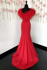 Evening Dress Styles, Red Mermaid Long Prom Dress with Feathers