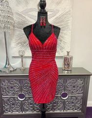 Homecoming Dresses With Tulle, Elegant V-Neck Cross Back Glitter Homecoming Dress