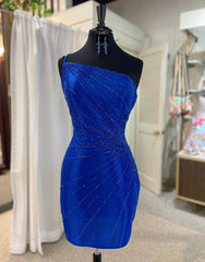 Formal Dresses Online, Royal Blue One Shoulder Tight Glitter Homecoming Dress