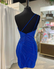 Formal Dress Ideas, Royal Blue One Shoulder Tight Glitter Homecoming Dress