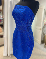 Formal Dress Stores, Royal Blue One Shoulder Tight Glitter Homecoming Dress