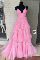 Prom Dresses Long With Sleeves, Sparkly Spaghetti Straps Tiered Tulle Prom Dress, New Long Party Gown