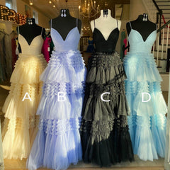 Prom Dresses For Chubby Girls, Sparkly Spaghetti Straps Tiered Tulle Prom Dress, New Long Party Gown