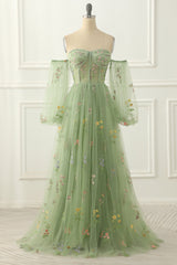 Evening Dress Gowns, Green Tulle Off the Shoulder A-line Prom Dress with Floral Embroidery