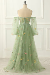 Evening Dresses Gown, Green Tulle Off the Shoulder A-line Prom Dress with Floral Embroidery