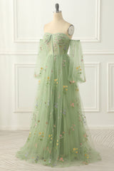 Evening Dress Black, Green Tulle Off the Shoulder A-line Prom Dress with Floral Embroidery