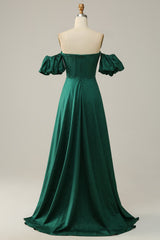 Dream, A Line Off the Shoulder Dark Green Long Prom Dress