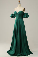 Vintage Dress, A Line Off the Shoulder Dark Green Long Prom Dress