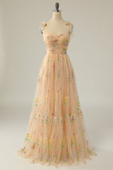 Bridesmaids Dress Blush, Champagne Embroidery Long Prom Dress