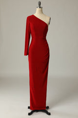 Formal Dresses For Ladies Over 60, Sheath One Shoulder Red Long Prom Dress with Split Front