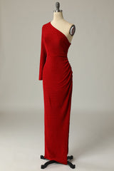 Long Gown, Sheath One Shoulder Red Long Prom Dress with Split Front