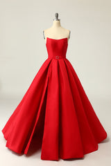 Formal Dress For Girls, A Line Strapless Red Prom Party Dress with Split Front