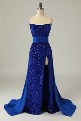 Formal Dresses Midi, A Line Strapless Royal Blue Sequins Long Prom Dress with Split Front