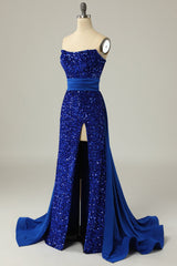 Formal Dresses For Winter Wedding, A Line Strapless Royal Blue Sequins Long Prom Dress with Split Front