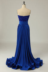 Formal Dresses Over 50, A Line Strapless Royal Blue Sequins Long Prom Dress with Split Front