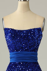 Formal Dresses For Fall Wedding, A Line Strapless Royal Blue Sequins Long Prom Dress with Split Front