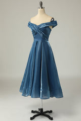 Satin Prom Dress, Grey Blue Off the Shoulder Prom Dress