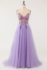 Dress Formal, Purple Beaded Tulle Long Prom Dress